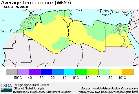North Africa Average Temperature (WMO) Thematic Map For 9/3/2018 - 9/9/2018