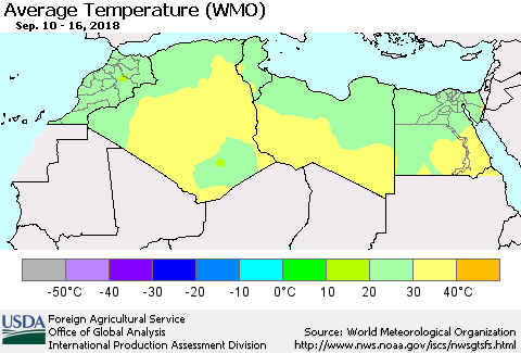North Africa Average Temperature (WMO) Thematic Map For 9/10/2018 - 9/16/2018
