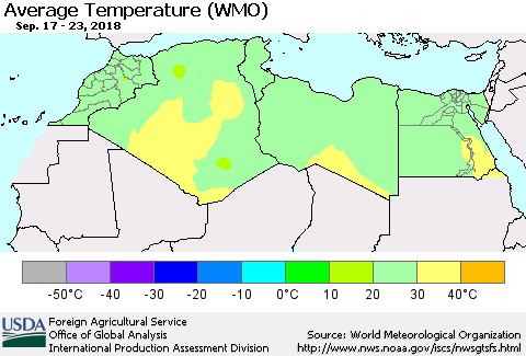 North Africa Average Temperature (WMO) Thematic Map For 9/17/2018 - 9/23/2018