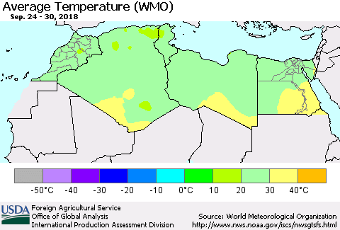 North Africa Average Temperature (WMO) Thematic Map For 9/24/2018 - 9/30/2018