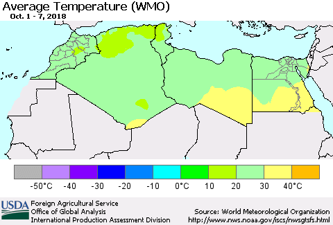 North Africa Average Temperature (WMO) Thematic Map For 10/1/2018 - 10/7/2018