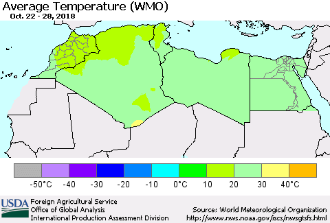 North Africa Average Temperature (WMO) Thematic Map For 10/22/2018 - 10/28/2018