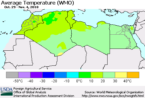 North Africa Average Temperature (WMO) Thematic Map For 10/29/2018 - 11/4/2018