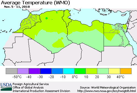 North Africa Average Temperature (WMO) Thematic Map For 11/5/2018 - 11/11/2018