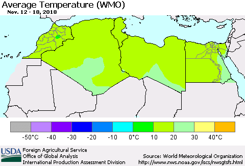 North Africa Average Temperature (WMO) Thematic Map For 11/12/2018 - 11/18/2018
