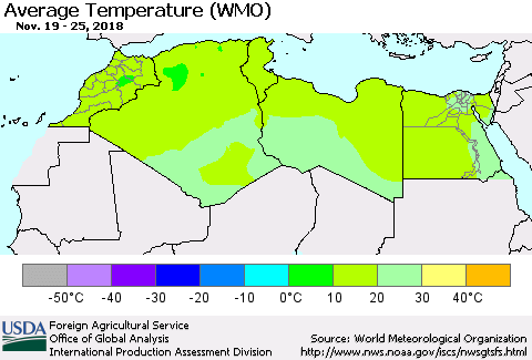 North Africa Average Temperature (WMO) Thematic Map For 11/19/2018 - 11/25/2018