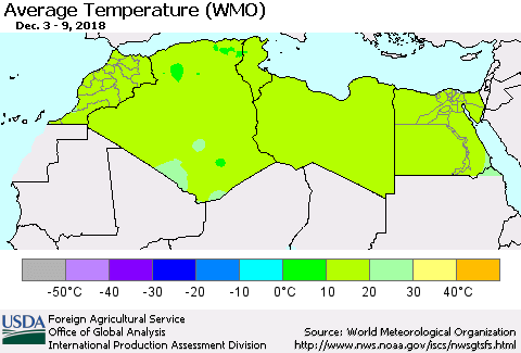North Africa Average Temperature (WMO) Thematic Map For 12/3/2018 - 12/9/2018