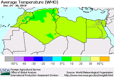 North Africa Average Temperature (WMO) Thematic Map For 12/24/2018 - 12/30/2018