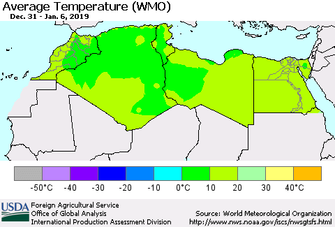 North Africa Average Temperature (WMO) Thematic Map For 12/31/2018 - 1/6/2019