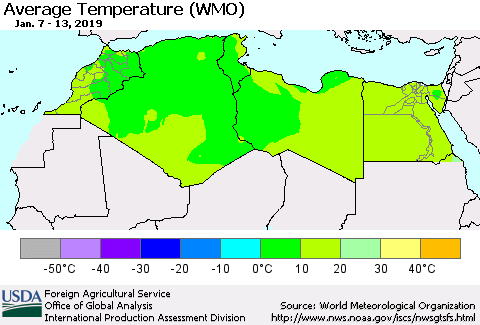 North Africa Average Temperature (WMO) Thematic Map For 1/7/2019 - 1/13/2019