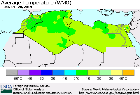 North Africa Average Temperature (WMO) Thematic Map For 1/14/2019 - 1/20/2019