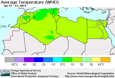 North Africa Average Temperature (WMO) Thematic Map For 1/21/2019 - 1/27/2019