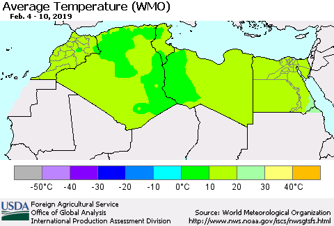 North Africa Average Temperature (WMO) Thematic Map For 2/4/2019 - 2/10/2019
