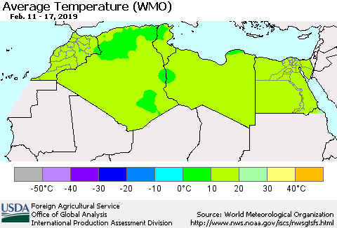 North Africa Average Temperature (WMO) Thematic Map For 2/11/2019 - 2/17/2019