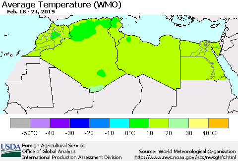 North Africa Average Temperature (WMO) Thematic Map For 2/18/2019 - 2/24/2019