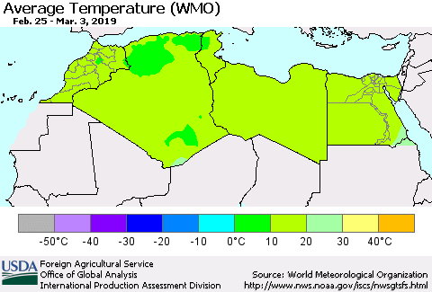North Africa Average Temperature (WMO) Thematic Map For 2/25/2019 - 3/3/2019