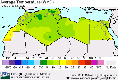 North Africa Average Temperature (WMO) Thematic Map For 12/30/2019 - 1/5/2020