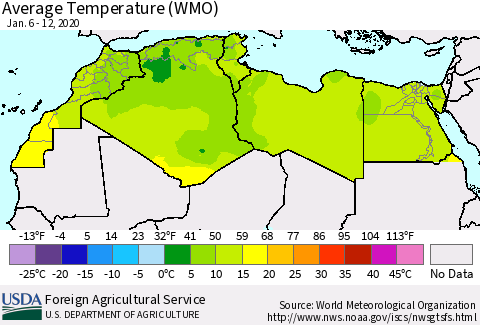 North Africa Average Temperature (WMO) Thematic Map For 1/6/2020 - 1/12/2020