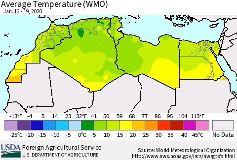 North Africa Average Temperature (WMO) Thematic Map For 1/13/2020 - 1/19/2020