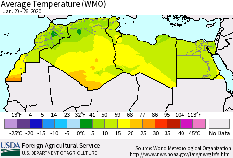 North Africa Average Temperature (WMO) Thematic Map For 1/20/2020 - 1/26/2020