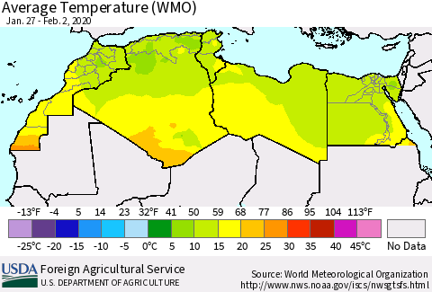 North Africa Average Temperature (WMO) Thematic Map For 1/27/2020 - 2/2/2020