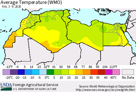 North Africa Average Temperature (WMO) Thematic Map For 2/3/2020 - 2/9/2020