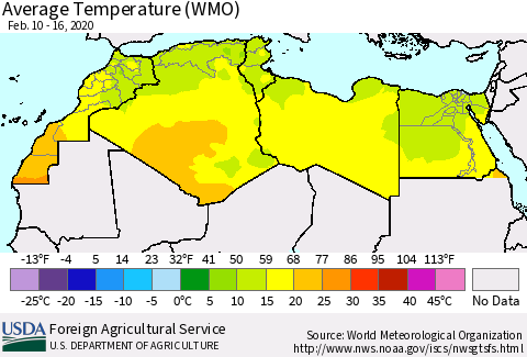 North Africa Average Temperature (WMO) Thematic Map For 2/10/2020 - 2/16/2020