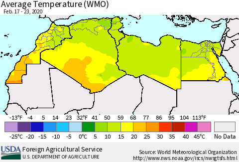 North Africa Average Temperature (WMO) Thematic Map For 2/17/2020 - 2/23/2020
