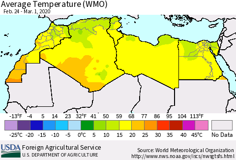 North Africa Average Temperature (WMO) Thematic Map For 2/24/2020 - 3/1/2020