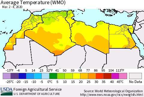 North Africa Average Temperature (WMO) Thematic Map For 3/2/2020 - 3/8/2020