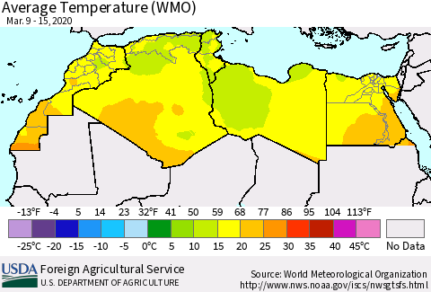 North Africa Average Temperature (WMO) Thematic Map For 3/9/2020 - 3/15/2020