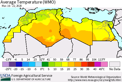 North Africa Average Temperature (WMO) Thematic Map For 3/16/2020 - 3/22/2020