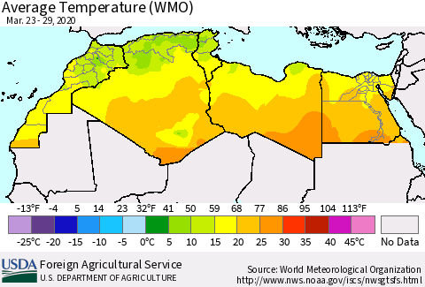North Africa Average Temperature (WMO) Thematic Map For 3/23/2020 - 3/29/2020