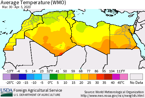 North Africa Average Temperature (WMO) Thematic Map For 3/30/2020 - 4/5/2020
