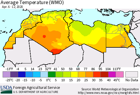 North Africa Average Temperature (WMO) Thematic Map For 4/6/2020 - 4/12/2020