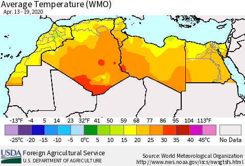 North Africa Average Temperature (WMO) Thematic Map For 4/13/2020 - 4/19/2020
