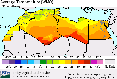 North Africa Average Temperature (WMO) Thematic Map For 4/20/2020 - 4/26/2020