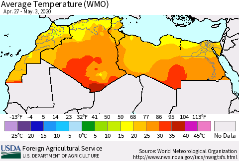 North Africa Average Temperature (WMO) Thematic Map For 4/27/2020 - 5/3/2020