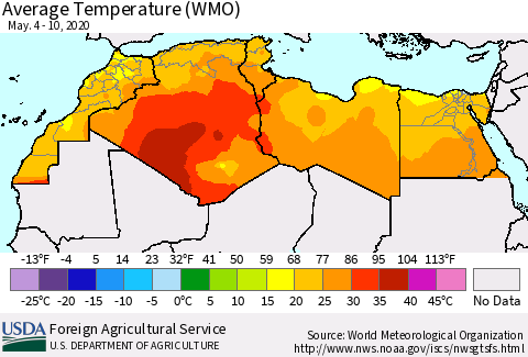 North Africa Average Temperature (WMO) Thematic Map For 5/4/2020 - 5/10/2020