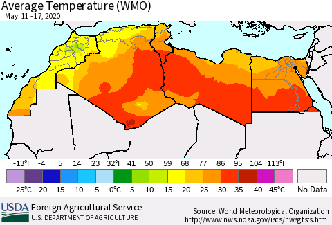 North Africa Average Temperature (WMO) Thematic Map For 5/11/2020 - 5/17/2020