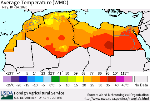 North Africa Average Temperature (WMO) Thematic Map For 5/18/2020 - 5/24/2020