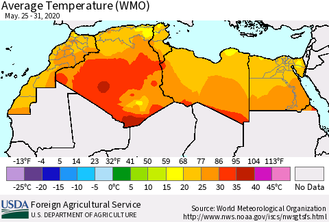 North Africa Average Temperature (WMO) Thematic Map For 5/25/2020 - 5/31/2020