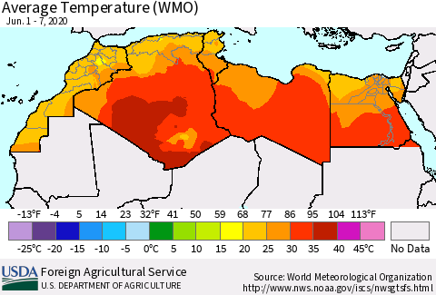 North Africa Average Temperature (WMO) Thematic Map For 6/1/2020 - 6/7/2020