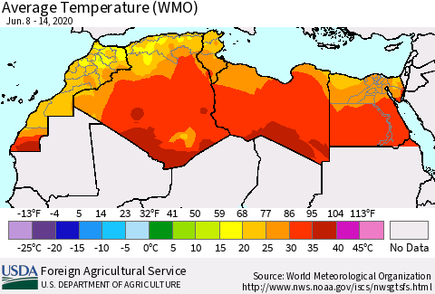 North Africa Average Temperature (WMO) Thematic Map For 6/8/2020 - 6/14/2020