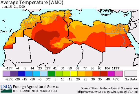 North Africa Average Temperature (WMO) Thematic Map For 6/15/2020 - 6/21/2020