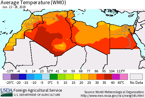 North Africa Average Temperature (WMO) Thematic Map For 6/22/2020 - 6/28/2020