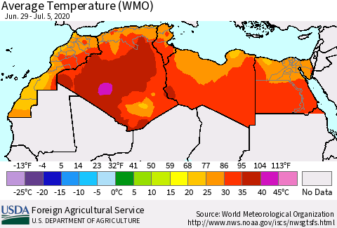 North Africa Average Temperature (WMO) Thematic Map For 6/29/2020 - 7/5/2020