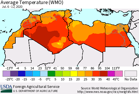 North Africa Average Temperature (WMO) Thematic Map For 7/6/2020 - 7/12/2020