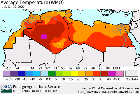 North Africa Average Temperature (WMO) Thematic Map For 7/13/2020 - 7/19/2020