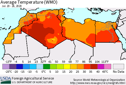 North Africa Average Temperature (WMO) Thematic Map For 7/20/2020 - 7/26/2020